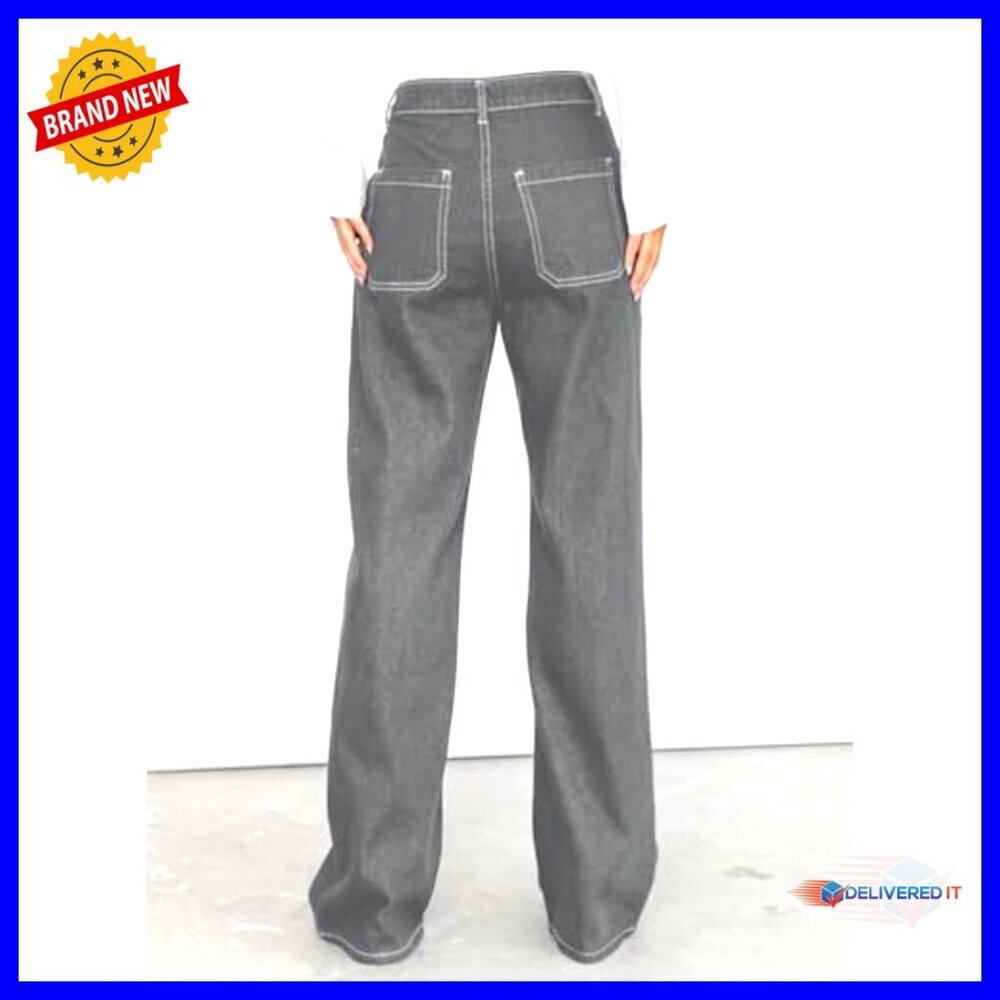 Mid Waist Cargo Jeans Stretch Button Wide Leg Denim Pants Casual Y2K - Picture 4 of 5